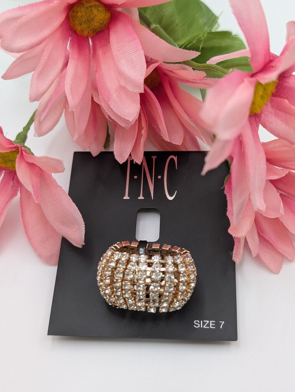 INC International Concepts Gold and Clear Crystal Pavé Mesh Ring Size 7 NWT